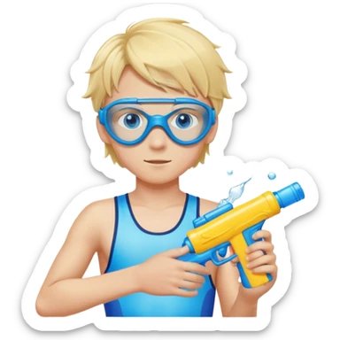 Blond 18 year old boy, with blue eyes, wearing swim goggles, normal clothes, holding a water gun sticker