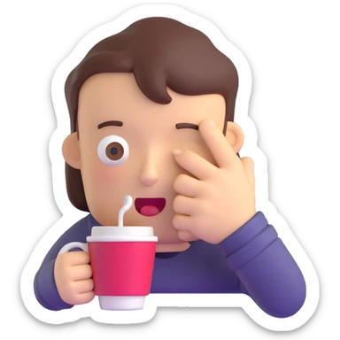 3D sleepy face with coffee cup waking up sticker