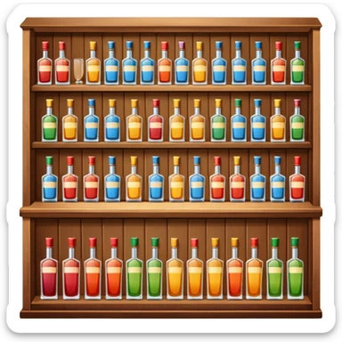 A wooden bar counter with rows of colorful liquor bottles lined up behind.
 sticker