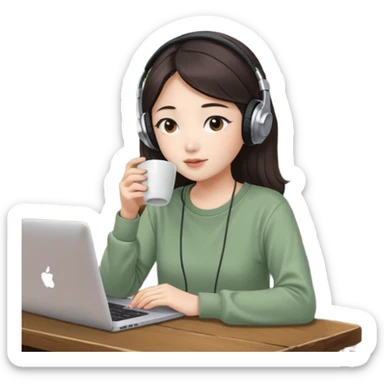 A Korean girl at a dive bar with a laptop and headphones with coffee watchin a korean drama the shirt in sage green sticker