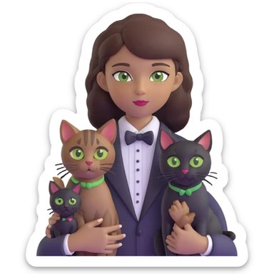 brown haired girl with light tan skin and brown eyes holding a black Bombay cat with green eyes and a black and white Tuxedo cat with hazel eyes sticker