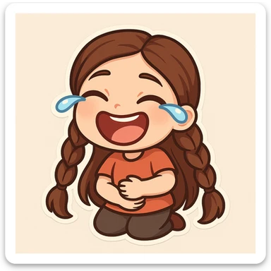 Create a chibi sticker of the girl from the reference image, laughing hard, holding her stomach, tears of laughter, joyful and lively, with long hair. sticker