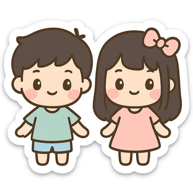 two kids, a boy and a girl, both with black hair, kawaii style sticker