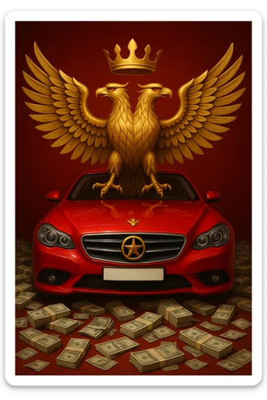 Make the emoji with Albanian mafia symbols (double-headed eagle, money, luxury car, red background) more realistic with detailed realism. sticker