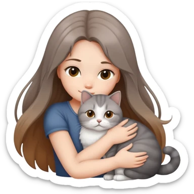 A long-haired girl hugs a British shorthair cat with a brown and white gradient sticker
