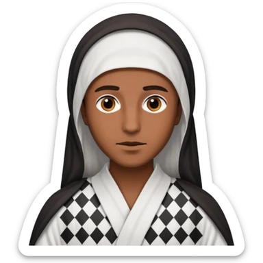 Una persona morena que solo se le vea la cara con una bata de arabe en la cara color blanco con cuadros negros sticker