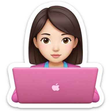 Brunette Asian girl working pink laptop sticker