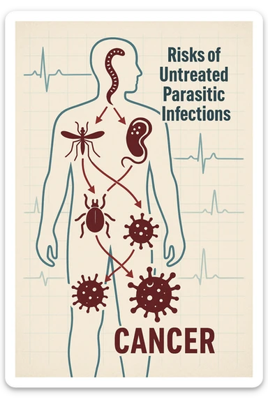 a man’s silhouette is filled with stylized images of parasites and tumor cells, connected by red lines or arrows to show cause and effect. The background features a medical chart or infographic about the dangers of untreated parasitic infections. The overall tone is serious and educational. scritto in italiano sticker