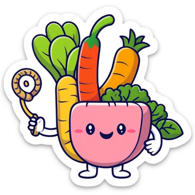 Cute cartoon representation of dietary fiber with happy vegetables, fruits, and whole grains linked by fibrous strands, with a smiling intestine character showing improved digestive health sticker
