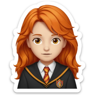 A iphone emoji with long wavy fierce orange hair and hazel eyes, wearing Gryffindor school uniform sticker