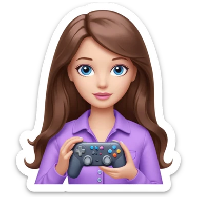 beautiful barbie girl with long brown hair, blue eyes and wearing light purple clothes playing console games with controller sticker