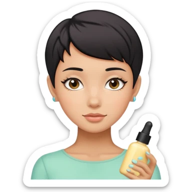 tan girl with black hair & a pixie cut no earrings doing cute pastel colors skin care sticker