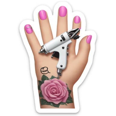 White girl hand with pink nails holding a tattoo machine sticker