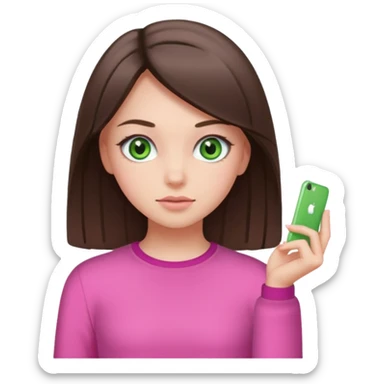 Create a girl with straight clear brunette hair and green eyes and pink clothes. Half body sticker