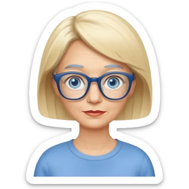 white woman about 60 years old blonde bobbed hair blue eyes glasses sticker