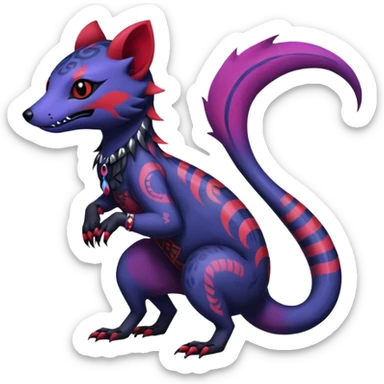 Rare warm-colored exotic gloomy tropical edgy cute epic aesthetic spooky indigo violet white black red gothic colorful Salandit-Noibat-Civet-species-Fakemon-hybrid-creature, with tribal tattoo markings, full body sticker