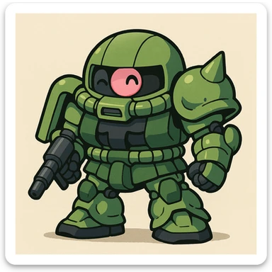 Zaku robot, stylized cartoon, green and black colors, big mono-eye, playful expression, simple background, no text sticker