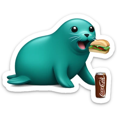 teal-coloured seal eating a sandwich with a bottle of soda and a chocolate bar sticker