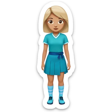 woman wearing teal wrap shirt, blue a-line skirt, light blue knee-high socks sticker