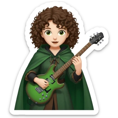 Brown eyes, brown hair curly forest witch playing electric guitar sticker
