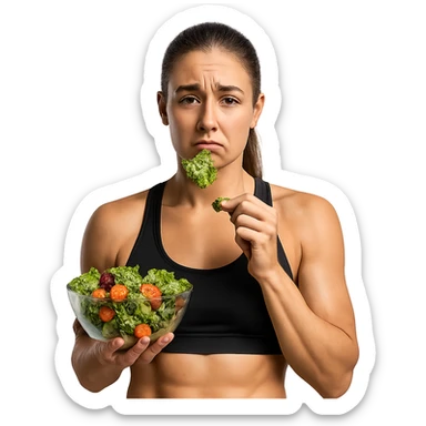 DONNA FITNESS CON INSALATA IN MANO MENTRE TIENE UNA FOGLIA DI INSALATA IN BOCCA CON ESPRESSIONE TRISTE, iperrealistico 4k, ISOLATA SU SFONDO BIANCO sticker