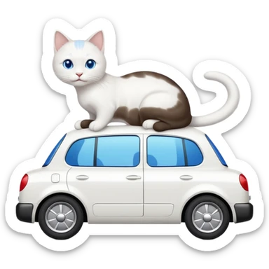 Please create a small emoji the size of 🚗 featuring a pure white cat with short tail with blue eyes on a white saloon car viewed from side. Again it is necessary that the emoji must be extremely small, much smaller than a standard sized sticker. sticker