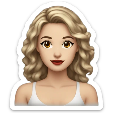 Beautiful young white woman with long brown waved hair brown eyes black eyelashes red lips sticker