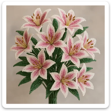 a dozen french beaded stargazer lilies, arranged in a bouquet, sparkling beads, pink and white flowers, green leaves, delicate craftsmanship, soft background sticker