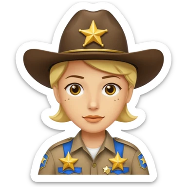 Generate me a yellow-skinned person from Apple's emoji, and make him wear a realistic sheriff's uniform from the United States, but please only add two stars to the uniform, one on the hat and the other on the shirt. sticker