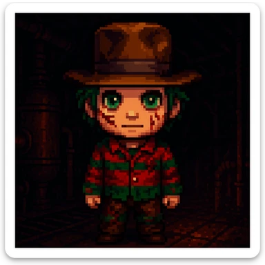 Add a spooky, nightmarish background with a boiler room and dark shadows behind Freddy Krueger, keep pixel art style sticker