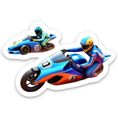 A sleek racing car and motorcycle speeding on a track, leaving a trail of dust behind. The scene captures the thrill of high-speed competition, with blurred motion and vibrant colors, highlighting the dynamic energy of motorsport. sticker