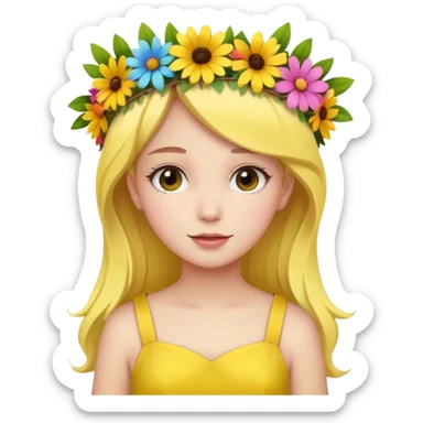 girl with flower crown in yellow dress and colored flowers sticker
