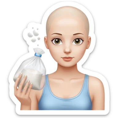 Bald girl holding a clear plastic bag with white powder  sticker