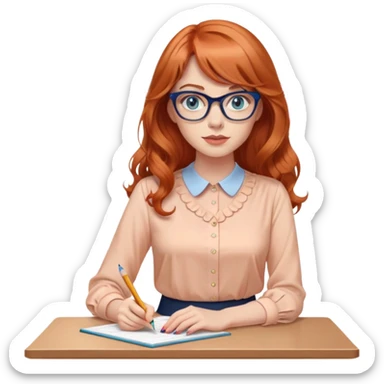 redheaded woman with long wavy hair and bangs, blue eyes, cat-eye glasses, pencil skirt, apricot blouse, holding a pencil sticker