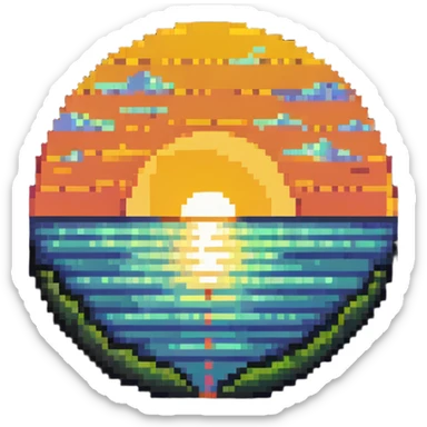 semicolon with a sunset inside, pixel art style sticker