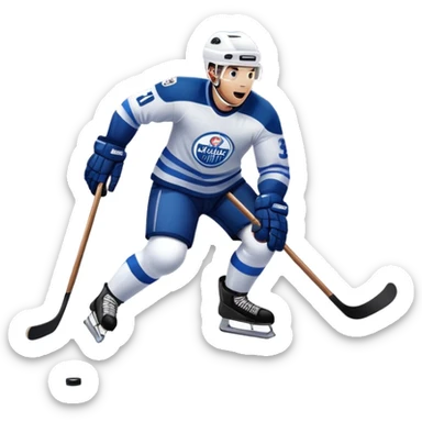 An icon featuring a hockey player in action, skating with a stick and puck on a fast-paced ice rink. The background shows a packed stadium with cheering fans, bright lights, and a snowy landscape visible through the arena's windows. Transparent background captures the excitement. sticker