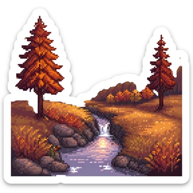 pixel art fall landscape at sunset, orange and red foliage, glowing sky sticker
