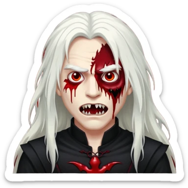 Creat a young man Vampire that have long white hair and white skin and full black eyes and bloody mouth and full black outfit and long fangs and scary eyes sticker