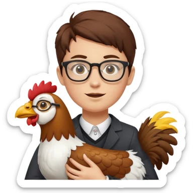 A dued whareing glasses that's ridding a dog-chicken mix sticker