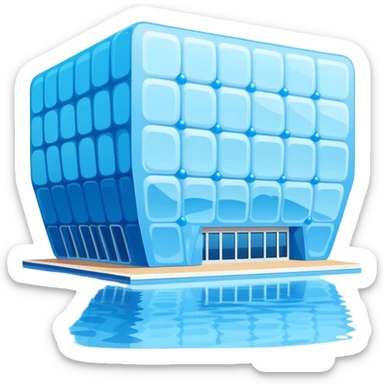Beijing Water Cube National Aquatics Center blue bubbled building, simplified emoji style with bold outlines and bright colors, cartoon style modern structure sticker