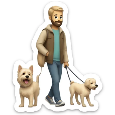 Bearded man taking his short hair beige dog for a walk  sticker