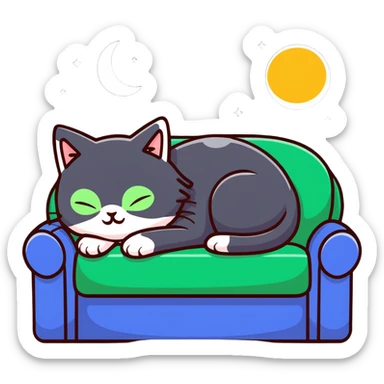 tricolor fluffy cat with big green eyes sleeping on a sofa with a moon above her sticker