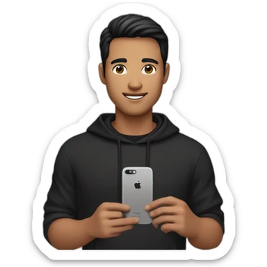 A man wearing a black hoodie, short black hair, and brown eyes, holding an iPhone 15 Pro in his hand sticker
