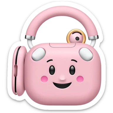 Create a pink happy circle emoji who listens to music on AirPods Max  sticker