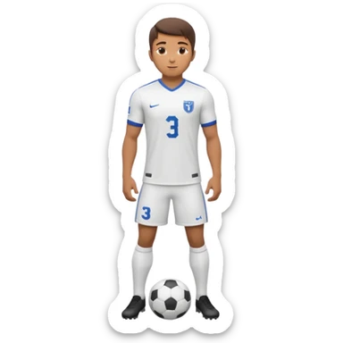 Apple emoji style 23 year old soccer player standing confident pose, white jersey #3, ultra detailed 3D sticker
