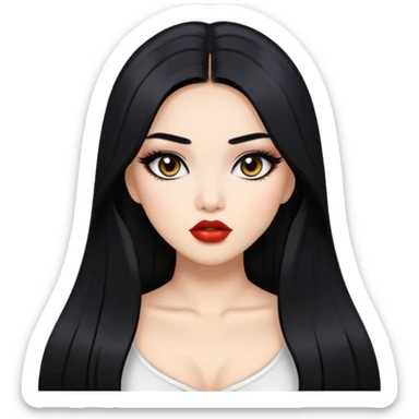baddie with Asian and Latina features, long straight black hair, glamour makeup, white skin sticker