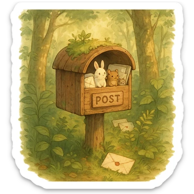 forest mailbox with tiny animal letters, cozy woodland theme, soft, detailed, warm lighting sticker