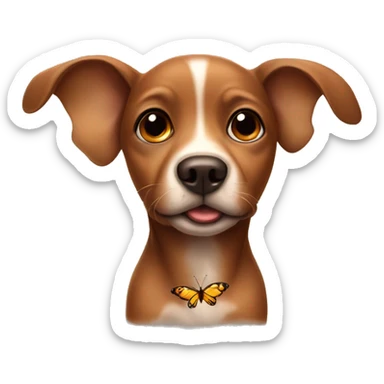 a brown baby dog with a butterfly on his nose sticker