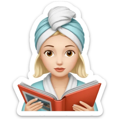 mujer en la peluquería con toalla en la cabeza y leyendo una revista, estilo vintage sticker