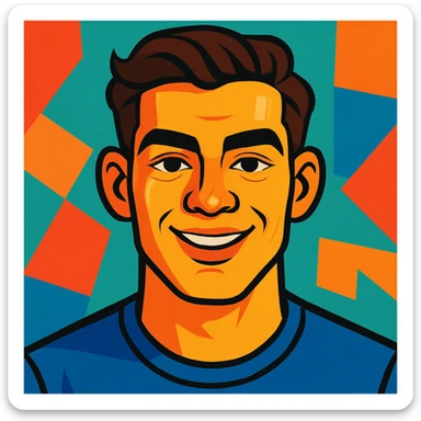 portrait of a young man, early twenties, square face, strong jaw, prominent cheekbones, broad forehead, thick arched eyebrows, hazel almond eyes, prominent eyelids, wide nose bridge, upturned tip, full lips, thinner upper lip, wheat skin, dark brown wavy hair combed right to left, normal close-set ears, sincere happy smile, vibrant toon style sticker